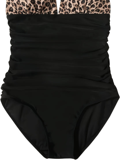 Leopard Print One-piece Swimsuit, Halter V Neck Ruched Tummy Control Athing Suits, Women's Swimwear & Clothing