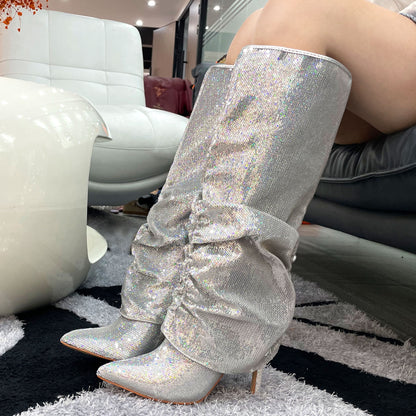 Metallic Fishnet Overlay Boots Knee High Boots Women Fold Over Knee High Boots Chunky High Heels Long Boots Zipper Pointed Toe Dress Tall Boots For Women