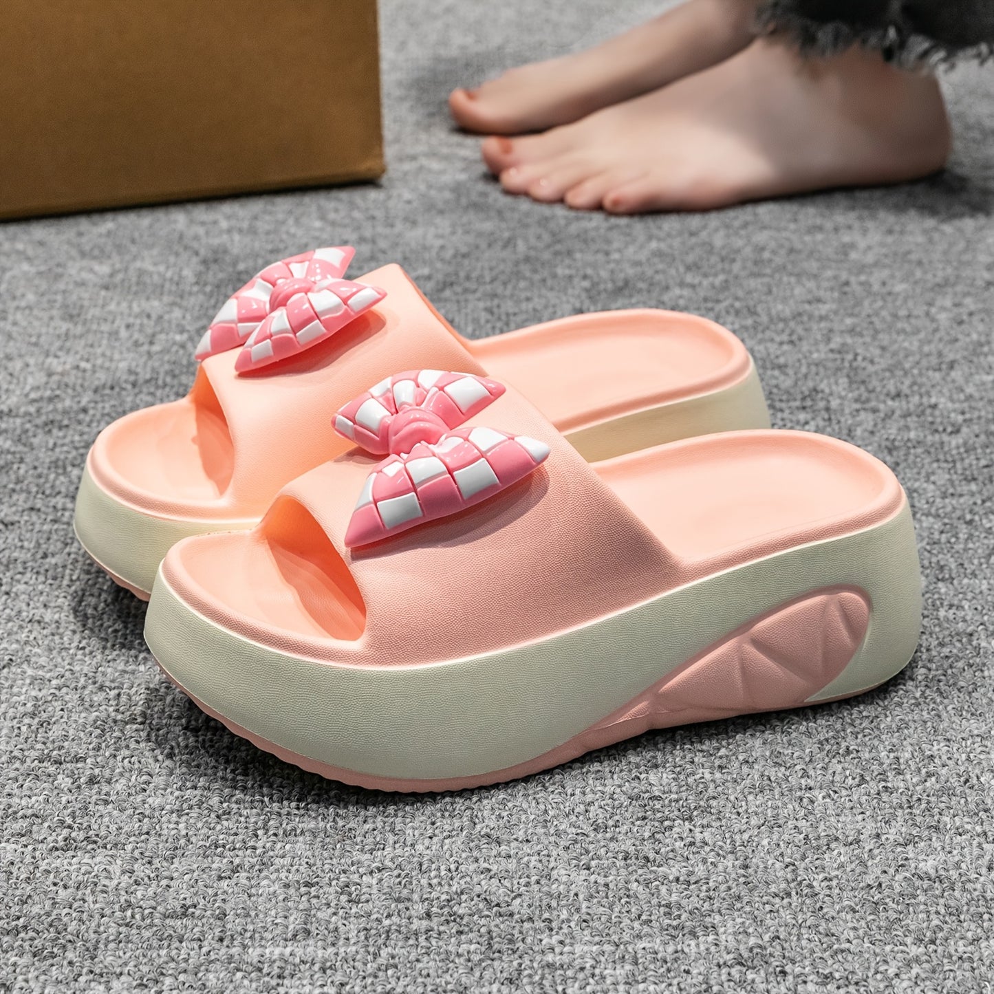 [Chic Summer Sandals] Non-Slip Thick Sole Summer Women's Slide Sandals - Chic EVA Wedge Heels with Bow Detail, Versatile Solid Color