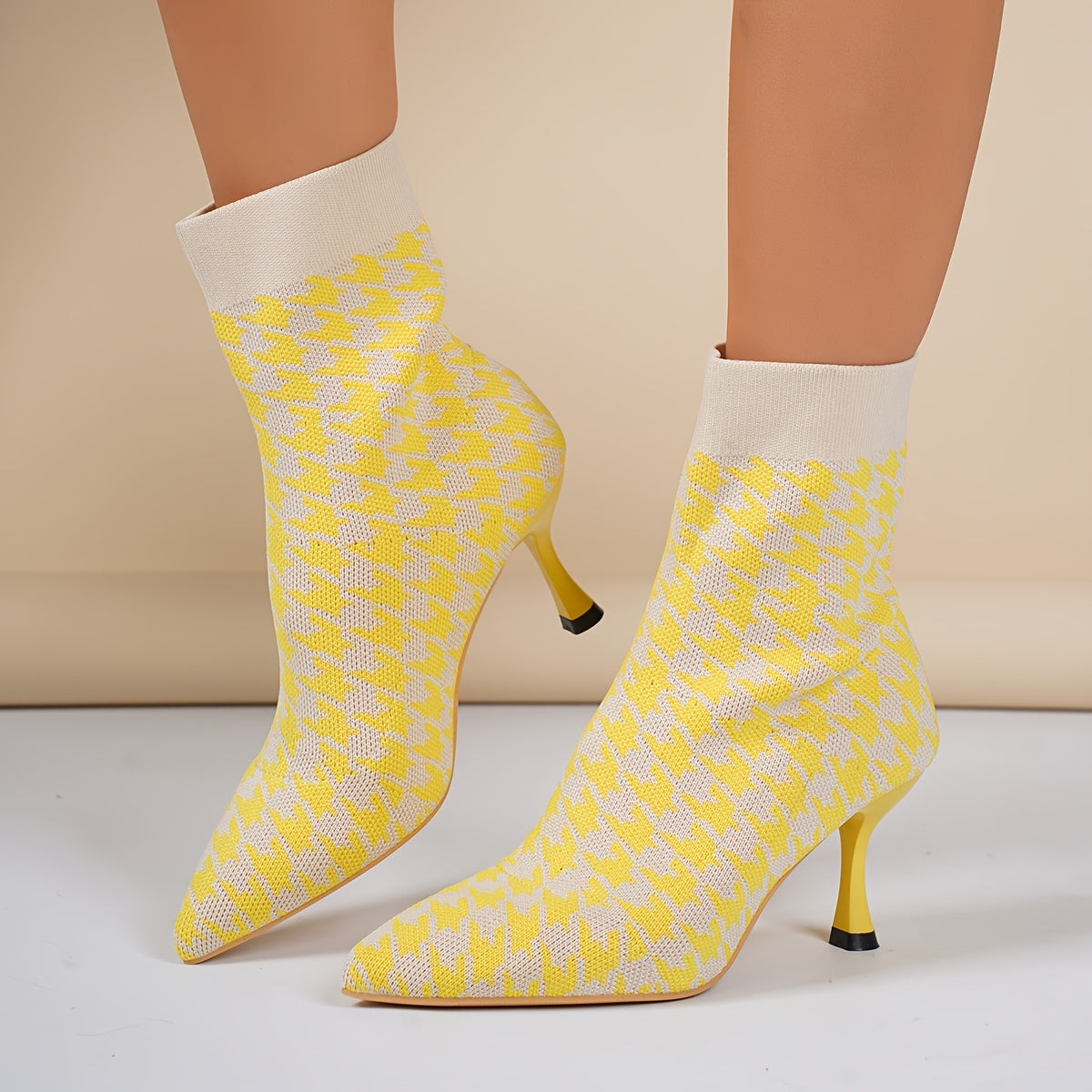 Women'S Elegant Houndstooth Sock Booties, Pointed Toe Stiletto High Heels, Slip-on Dress Boots for All Seasons, Comfortable Dress Footwear for Parties and Banquets