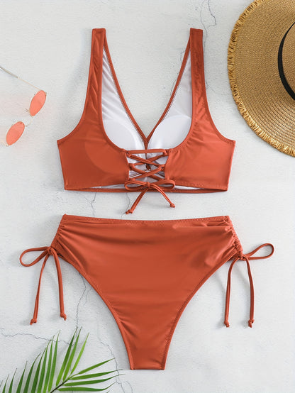 2 Piece Set Bikini - V Neck Criss Cross Straps, Tie Side, High Waist, Solid Color, Layered, Comfortable, Flattering, Women's Swimwear & Clothing for Beach Vacation