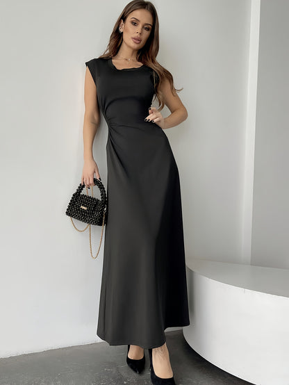 Elegant Peplum Maxi Dress for Women - Polyester Blend, Crew Neck, Solid Color, Sleeveless, Woven Summer Dress