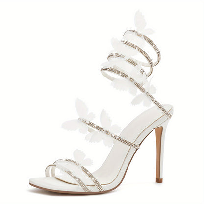 Women's Butterfly Rhinestone Fine Heel Sandals Open Toe Spiral Heels Wedding Prom Dresses Sandals