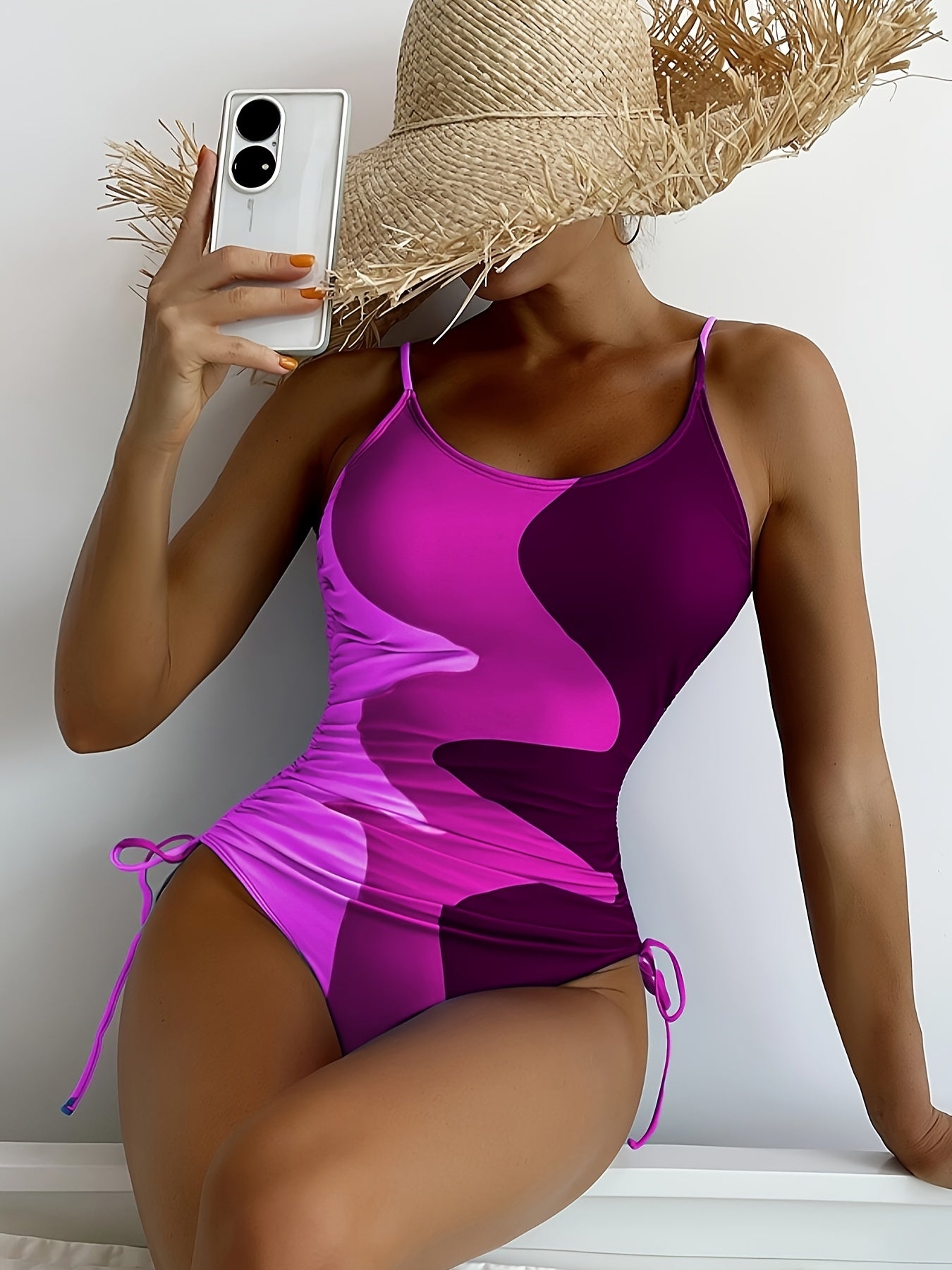 Blue Color Block Drawstring One-piece Swimsuit, Spaghetti Strap High Stretch Bathing Suits, Women's Swimwear & Clothing