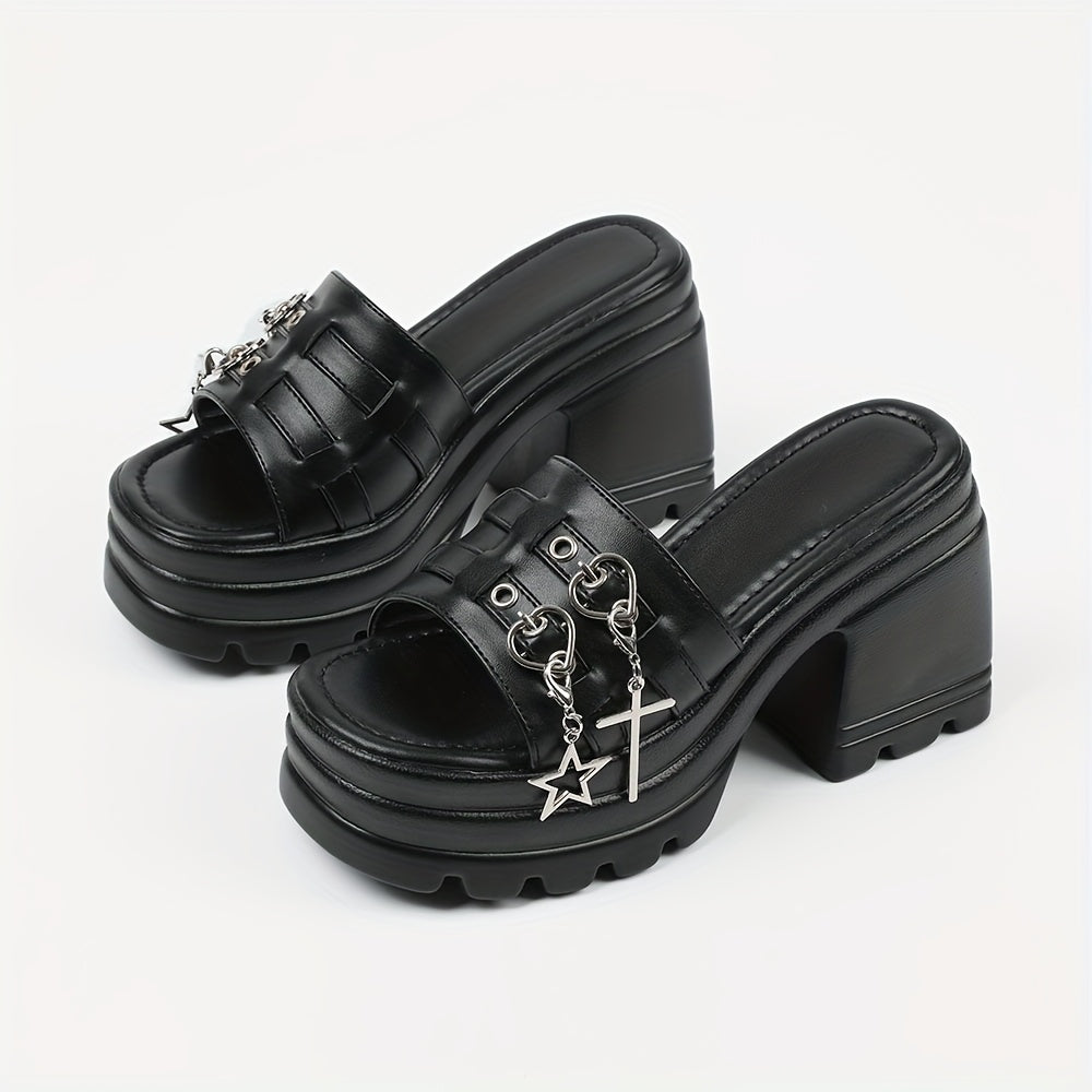 Summer Women's Gothic Sandals Black Punk Heart Decor Chunky High Heels Halloween Open Toe Fashion Y2k Mules Slides Shoes Women