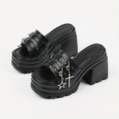 Summer Women's Gothic Sandals Black Punk Heart Decor Chunky High Heels Halloween Open Toe Fashion Y2k Mules Slides Shoes Women