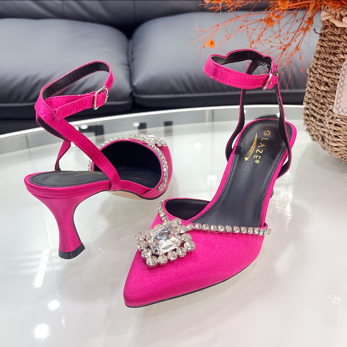 Women's Elegant Pink Satin High Heels with Rhinestone Embellishment, Ankle Strap & Pointed Toe - Perfect for Weddings, Parties & Formal Events, Elegant Event Shoes | Sophisticated Style | Heel Strap Sandals, Stiletto Heels
