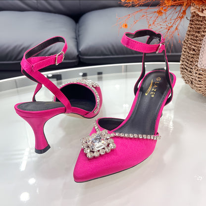Women's Elegant Pink Satin High Heels with Rhinestone Embellishment, Ankle Strap & Pointed Toe - Perfect for Weddings, Parties & Formal Events, Elegant Event Shoes | Sophisticated Style | Heel Strap Sandals, Stiletto Heels
