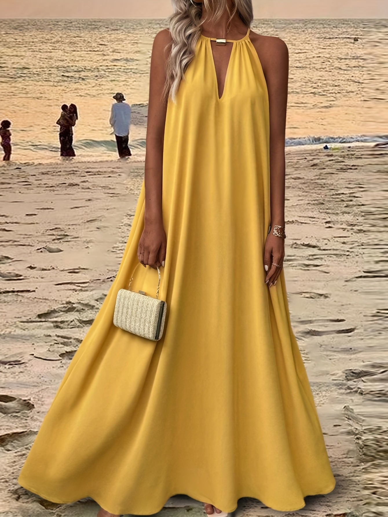 Women'S Sleeveless Halter Neck Maxi Dress - Elegant Purple, Solid Color, Backless Design for Beach & Vacation, Polyester, Summer Dress|Backless Dress|Polyester Dres