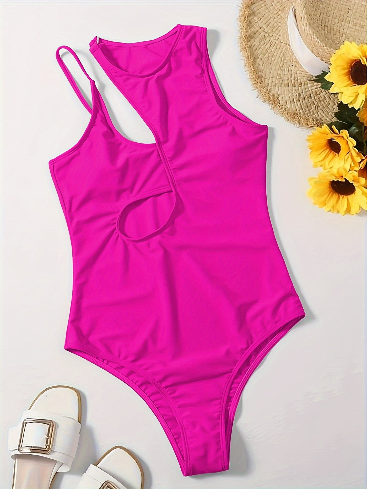 Flattering Asymmetric One Piece Swimsuit - Stretchy & High Cut Design - Solid Color Womens Swimwear for a Chic Beach Look