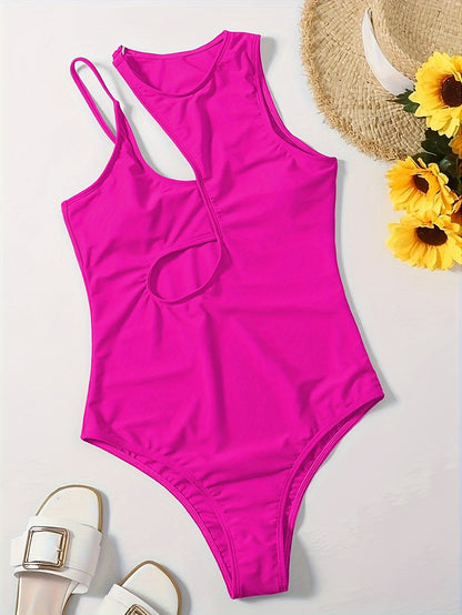 Flattering Asymmetric One Piece Swimsuit - Stretchy & High Cut Design - Solid Color Womens Swimwear for a Chic Beach Look
