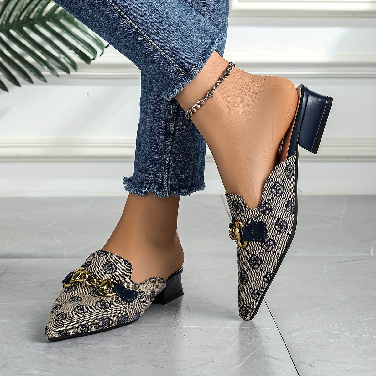 Women's Chain Decor Chunky Heel Sandals, Fashion Pointed Toe Dress Pumps, Stylish Slip On Heels