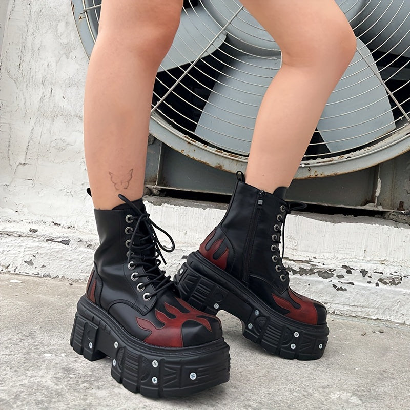 Halloween Women'S Flat Platform Ankle Boots Black High Heels Round Toe Thick Sole Mid Calf Booties Metal Decor Y2K Fashion Sports Shoes