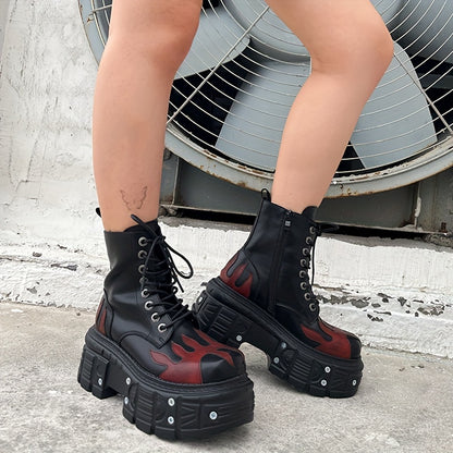 Halloween Women'S Flat Platform Ankle Boots Black High Heels Round Toe Thick Sole Mid Calf Booties Metal Decor Y2K Fashion Sports Shoes