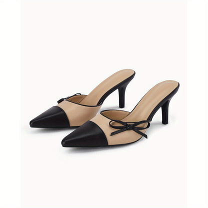 Women'S Two Color Bow Tie Mueller Shallow Dating Shoes Heels Closed Pointed Toe Slip On Backless Wedding Dress Shoes