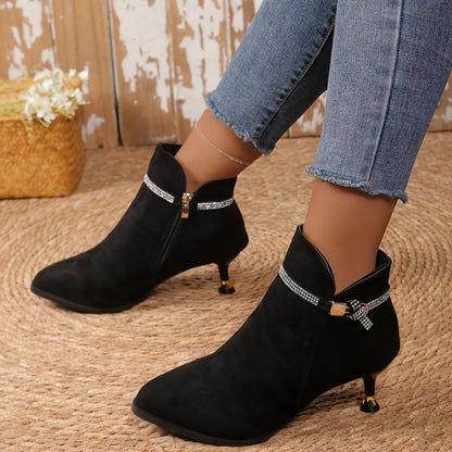 [Metal Buckle Ankle Boots] Velour Thick Pointed Mid-Heels Metal Buckle Ankle Boots - Autumn and Winter Fashion Women's Boots