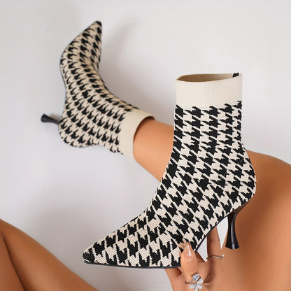 Women'S Elegant Houndstooth Sock Booties, Pointed Toe Stiletto High Heels, Slip-on Dress Boots for All Seasons, Comfortable Dress Footwear for Parties and Banquets