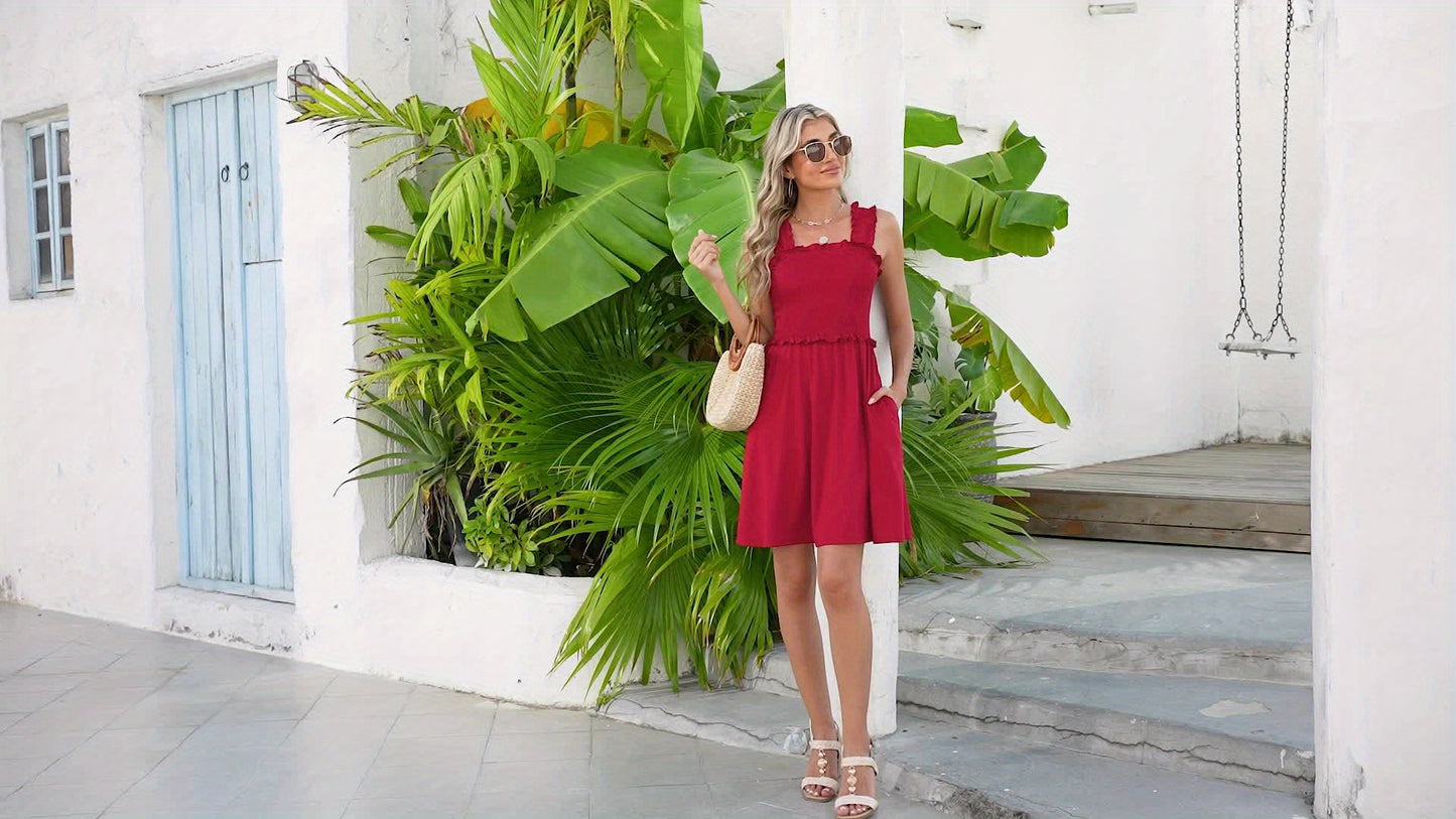 Women'S Smocked Mini Dress - Square Neck Sleeveless Summer Dress With Pockets, Flowy Beach Dress, Vacation Outfit, Spring & Summer Casual Dress