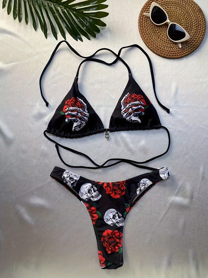 Halloween Skeleton & Flower Print Triangle 2 Piece Set Bikini, Spaghetti Strap Backless Stretchy Gothic Style Swimsuits, Women's Swimwear & Clothing Carnaval & Music Festival