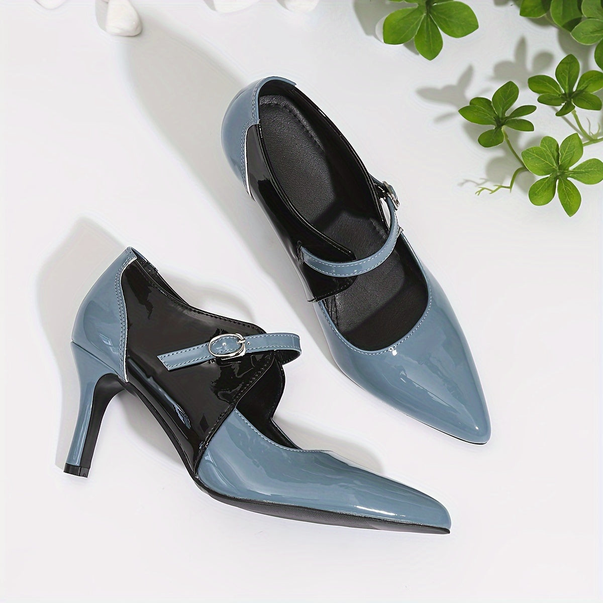 Women'S Fashion Mary Jane High Heels, Two-Tone Pointed Toe, Buckle Detail, Lightweight, All-Season, TPU Sole, Faux Upper and Lining, No Print, High Stiletto Heel