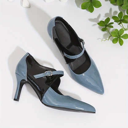 Women'S Fashion Mary Jane High Heels, Two-Tone Pointed Toe, Buckle Detail, Lightweight, All-Season, TPU Sole, Faux Upper and Lining, No Print, High Stiletto Heel
