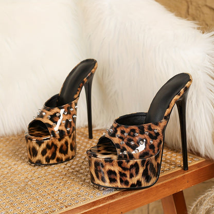 Sexy Leopard Print Open Toe Stiletto Heels for Women - Fashionable Slip-On Platform Pumps with Rubber Sole, Perfect for Nightclubs - For Women -  Suitable for Parties & Night Out - Ideal Gift for Fashionistas