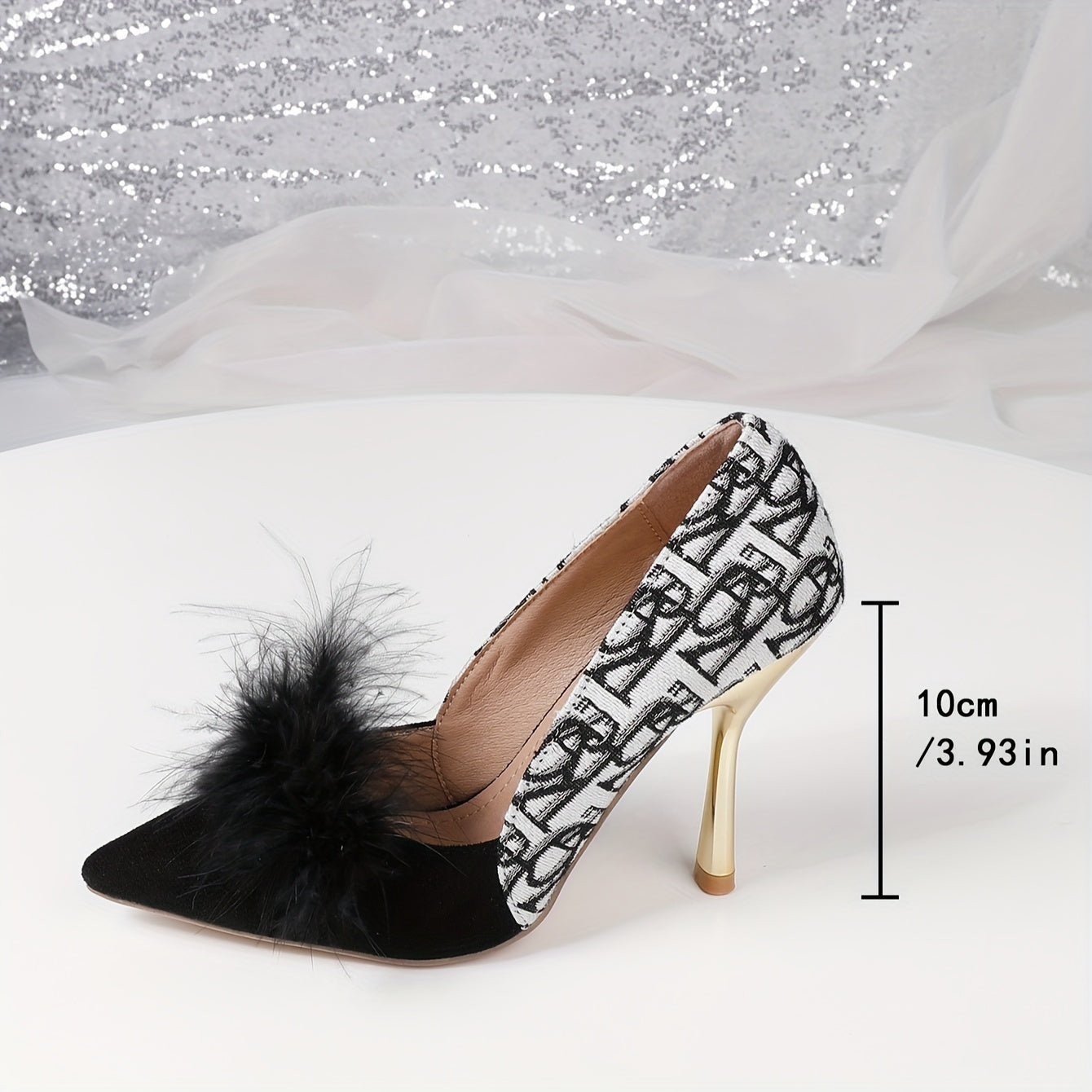 Women's Stylish Letter Pumps, Shallow Mouth Slip On Fluffy Faux Fur High Heels, Point Toe Commute Shoes