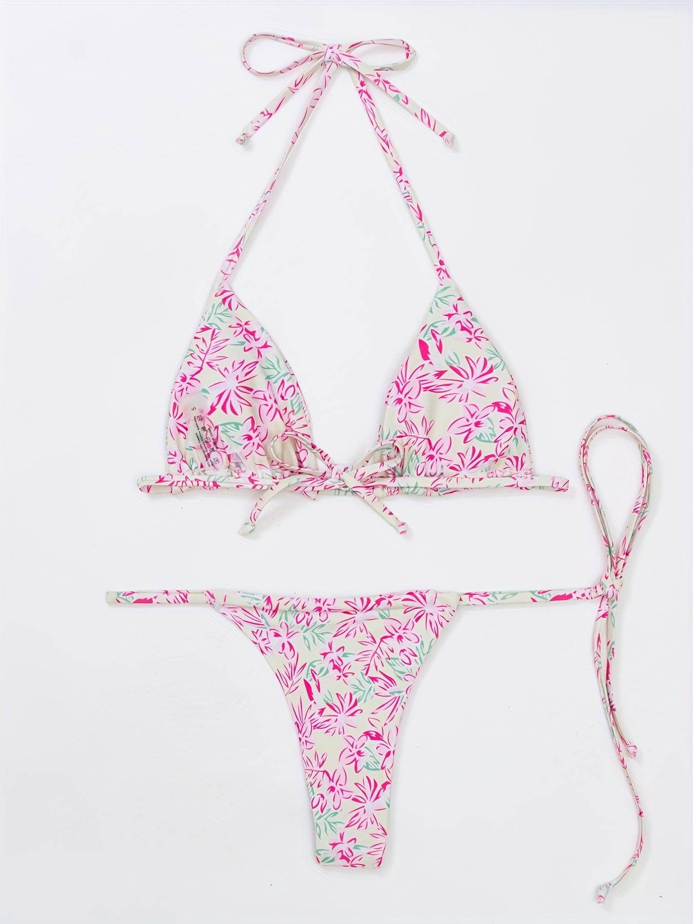 2 Piece Tie Side Halter Neck Bikini Swimsuit - High Stretch Polyester, Lace Up, Triangle Spaghetti Straps, Sexy & Cute, Machine Washable, Random Floral Print, Knit Fabric, Womens Swimwear & Clothing