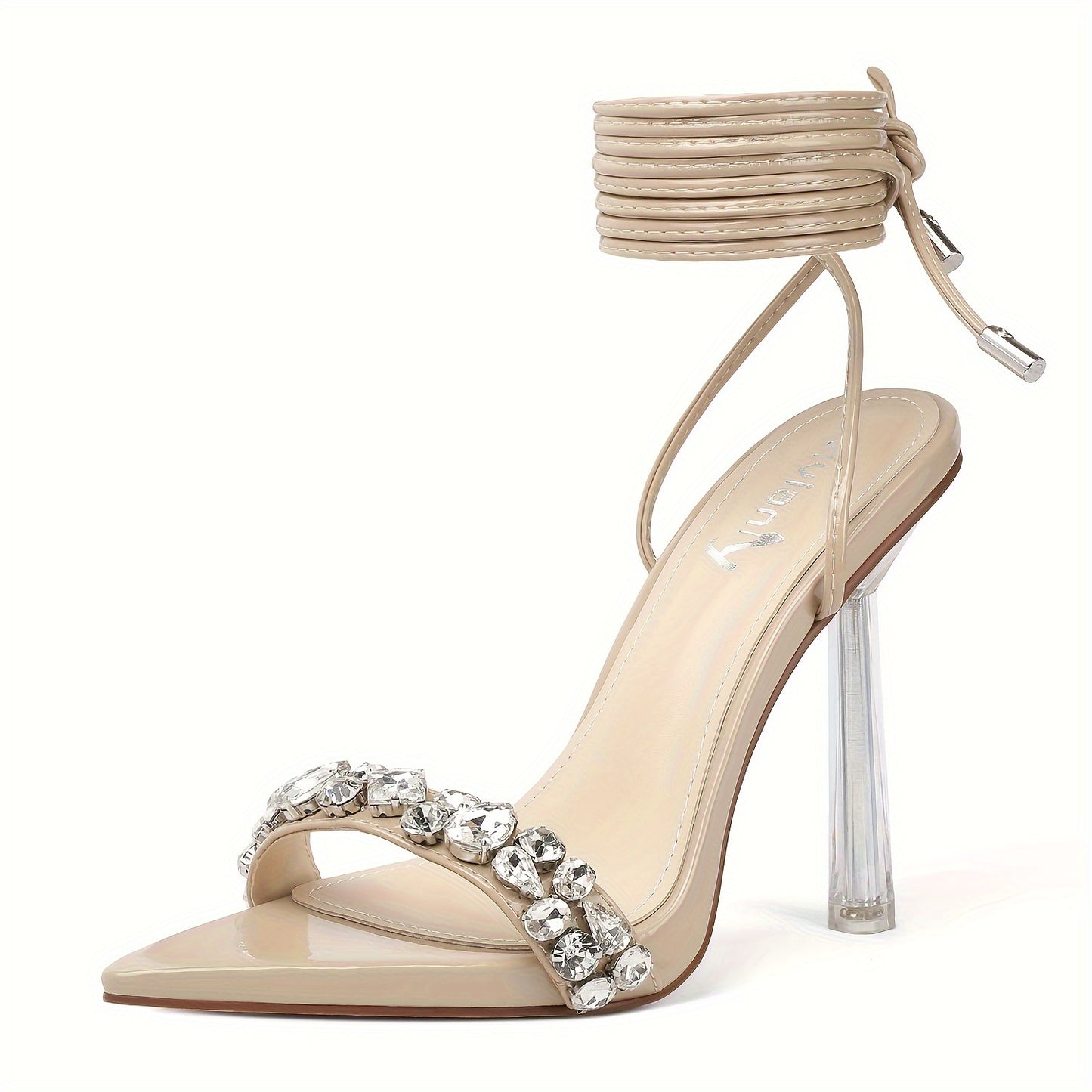 Vivianly Strappy Stiletto Clear High Heels Rhinestone Lace Up Heeled Sandals Pointed Toe Pumps Wedding Bride Dress Shoes