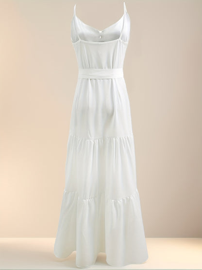 Women's Summer Dress - Solid Color, Buttoned Waist, Layered Suspender Design for Casual Wear