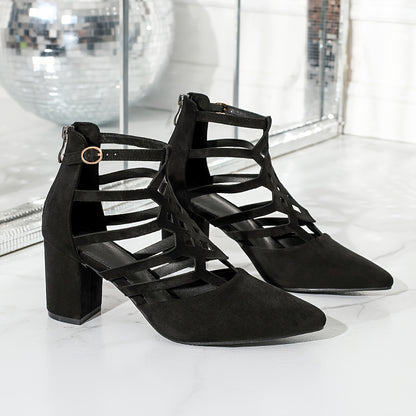 Chic Black Pointed-Toe High Heels for Women - Sexy Hollow-Out Design, Comfortable Chunky Heel Pumps with Velvet Upper & Rubber Sole