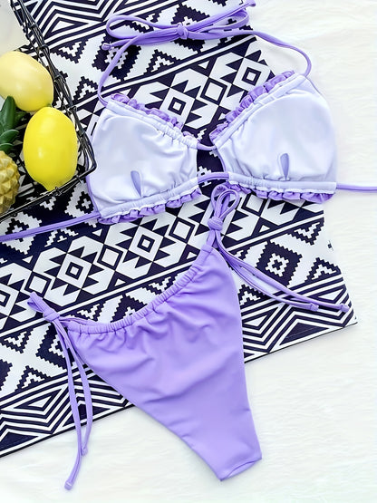 Solid Color 2 Piece Set Bikini, Frill Trim Halter Bra & Thong Bottom Swimsuits, Women's Adjustable Swimwear & Clothing