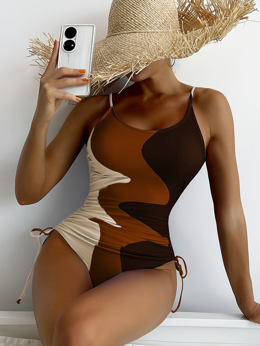 Blue Color Block Drawstring One-piece Swimsuit, Spaghetti Strap High Stretch Bathing Suits, Women's Swimwear & Clothing