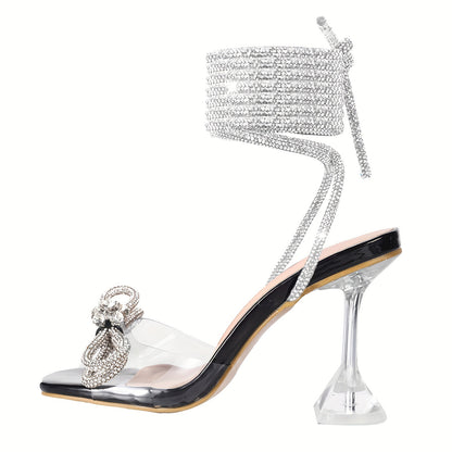 Women's Square Toe Clear Heels Sexy Rhinestone Bow Heels Open Toe Ankle Strap Stiletto High Heel Sandals - For Women - Perfect for Parties & Night Out - Ideal Gift for Fashionistas