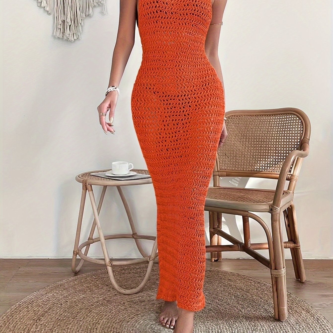 European and American Popular Cut-out Knitted Long Skirts, Suspenders, Open-back Sexy Beach Dresses, Women's Swimsuits