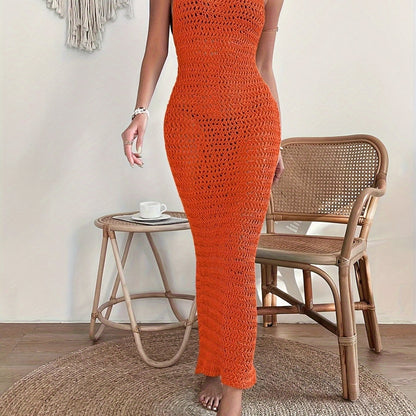 European and American Popular Cut-out Knitted Long Skirts, Suspenders, Open-back Sexy Beach Dresses, Women's Swimsuits