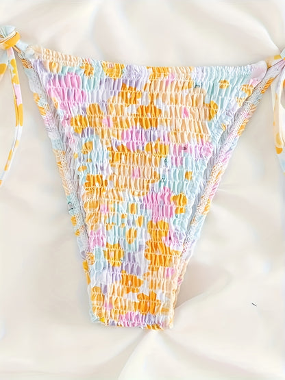 Floral Print Shirred Halter 2 Piece Set Bikini, Triangle Tie Strap Stretchy Swimsuits, Women's Swimwear & Clothing