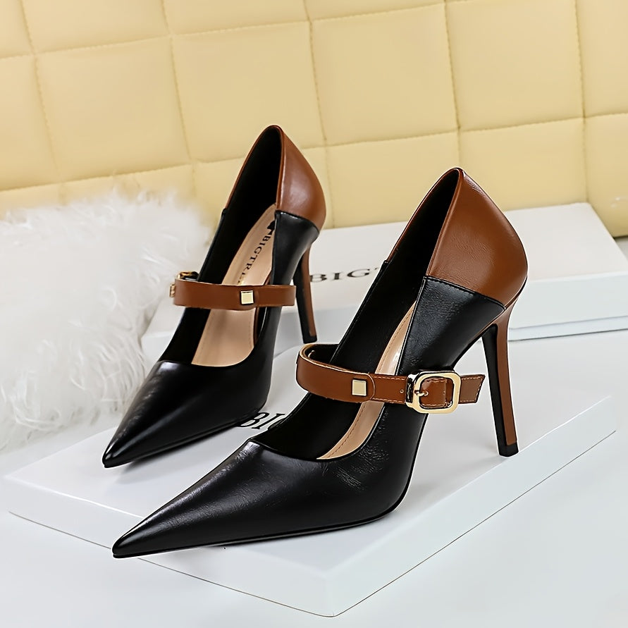 [Two-Tone Stiletto] Elegant Two-Tone Stiletto High Heels for Women | 1 Pair | PU, Rubber Sole | Pointed Toe, Ankle Strap | Versatile Season Footwear | Elegant