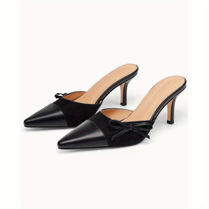 Women'S Two Color Bow Tie Mueller Shallow Dating Shoes Heels Closed Pointed Toe Slip On Backless Wedding Dress Shoes