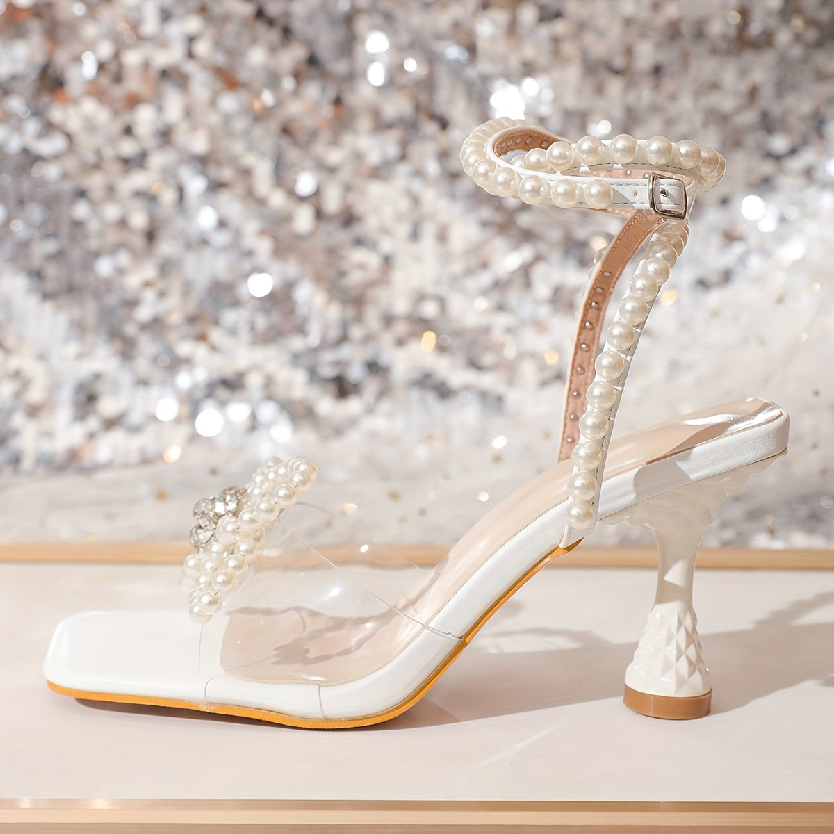 Elegant Women's White High Heel Sandals with Pearl Accents - Square Toe, Flared Heel, Faux Cover Straps & Rubber Sole, Chic Transparent Design, Stiletto Heels