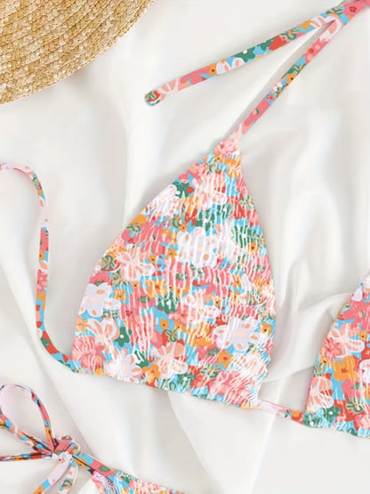 Floral Print Shirred Halter 2 Piece Set Bikini, Triangle Tie Strap Stretchy Swimsuits, Women's Swimwear & Clothing