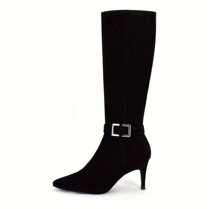 Women's Knee High Boots, High Heels, Suede Leather, Pointed Toe, Wide Calf, Metal Buckle, Side Zipper, Winter Boots