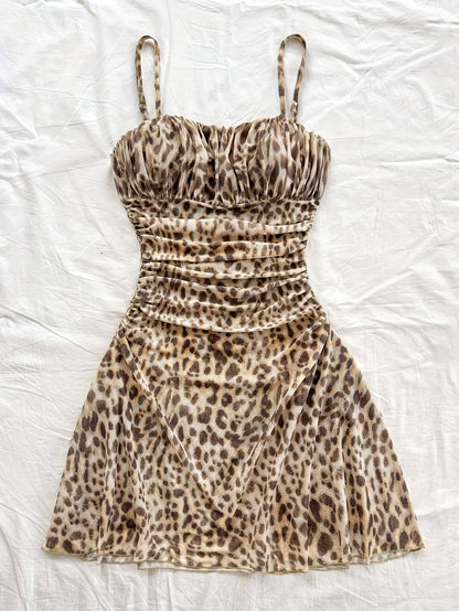 Sexy Leopard Print Mesh Suspender Dress for Women - Ruched Bodice, Sleeveless Summer Dress with Adjustable Thin Straps, Perfect for Casual or Stylish Outfits, Summer Fashion | Leopard Print Dress | Mesh Detailing, Cute Dresse