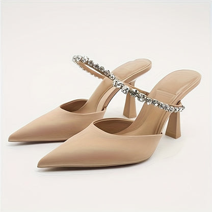Women's Backless High Heels, Rhinestone Pointed Toe Slip On Stiletto, Elegant Banquet & Party Shoes
