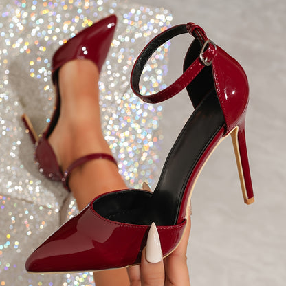 Elegant Women's Burgundy Stiletto Sandals - Sleek Pointed Toe with Side Cut-Out, Faux Cover Strap & Rubber Sole, Perfect for Evening Events, Stiletto Heels