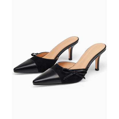 Women'S Two Color Bow Tie Mueller Shallow Dating Shoes Heels Closed Pointed Toe Slip On Backless Wedding Dress Shoes