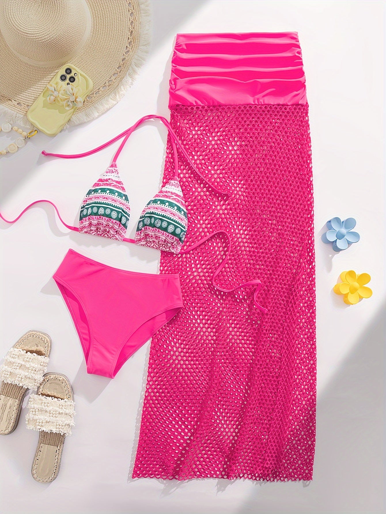 3 Piece Set Tribal Print Bikini - Halter Neck High Cut Swimsuit with Hollow Out Cover-Up Skirt, Women's Swimwear & Clothing for Beach Vacation