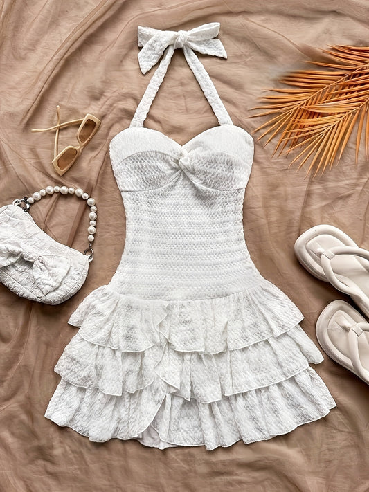 A Stylish And Elegant Summer Dress for Women, Featuring an Off-Shoulder Design with Elastic Ruffled Bodice, Tie Neck, Bow, And Layered Ruffled Skirt. This Mini Dress Can Be Worn for Holidays, Valentine'S Day, Christmas, Parti