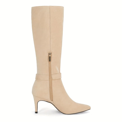 Women's Knee High Boots, High Heels, Suede Leather, Pointed Toe, Wide Calf, Metal Buckle, Side Zipper, Winter Boots