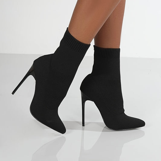 1pr Women'S Mid-Calf Sock Boots - Casual Solid Color Slip-On Pointed Toe Stiletto Heels with Knitted Fabric Upper, Inner & Sole, Flannel Insole - All-Season Stretchy Knit Ankle Booties